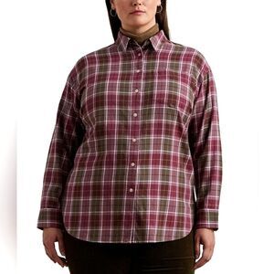Lauren Ralph Lauren Brawley Button Up Down Shirt Womens Size 3X Plaid Old Money